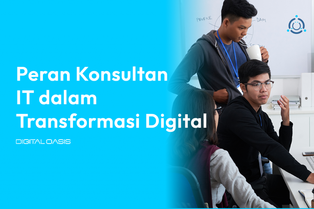 Ilustrasi konsultan IT membantu perusahaan menjalankan transformasi digital dengan teknologi modern.